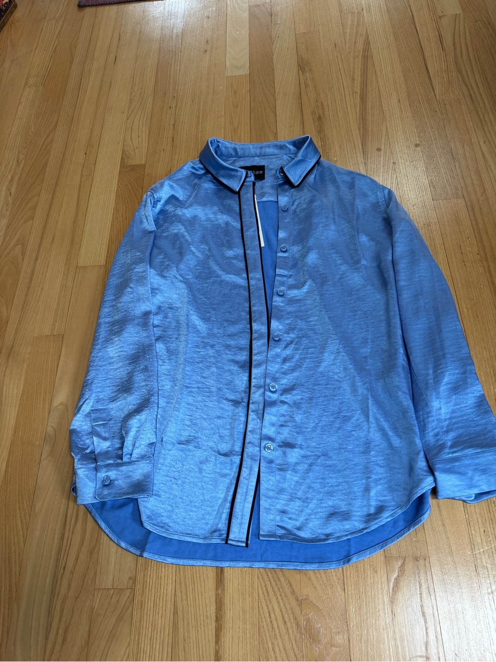 Wildfang Empower Satin long sleeved piped button up shirt, blue, Size L NWT.